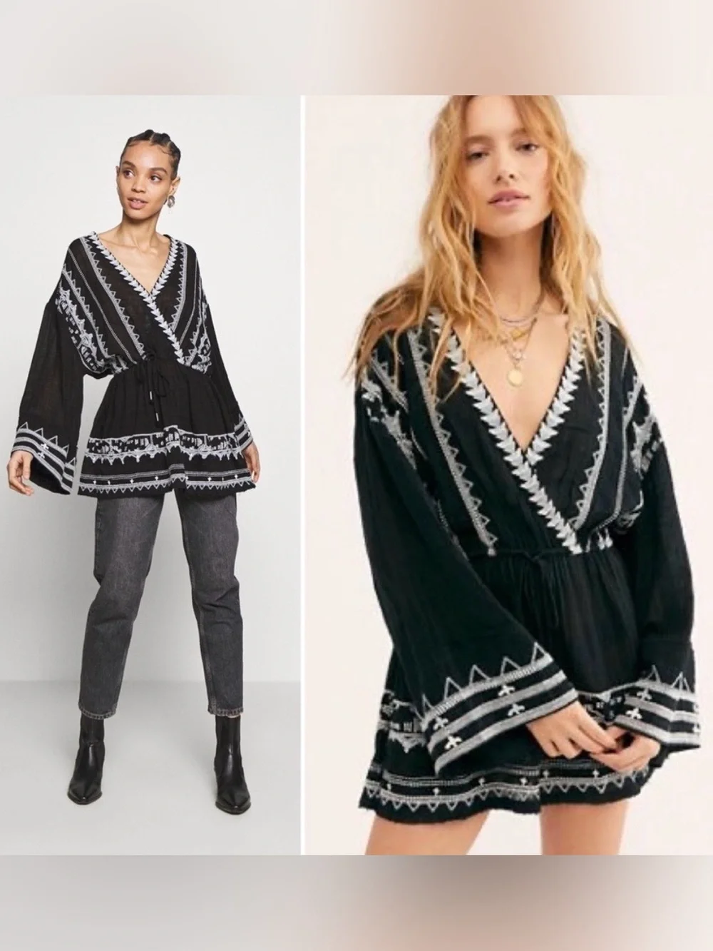 Free People Black Tunic with White and Blue Embroidered Trim